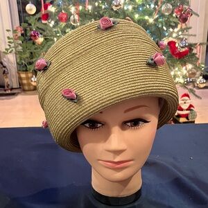 Chic Metallic Gold Hat with Pink Floral Accents